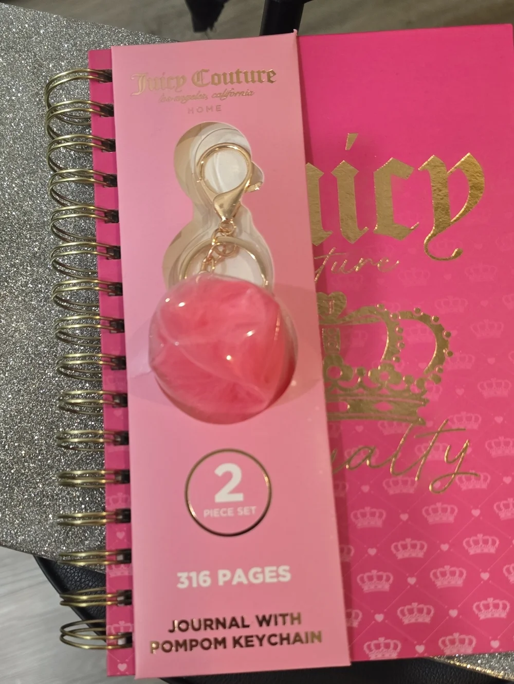 Juicy Couture Home Gold Foil Logo Crown Embossed Spiral Journal &PomPom Keychain
